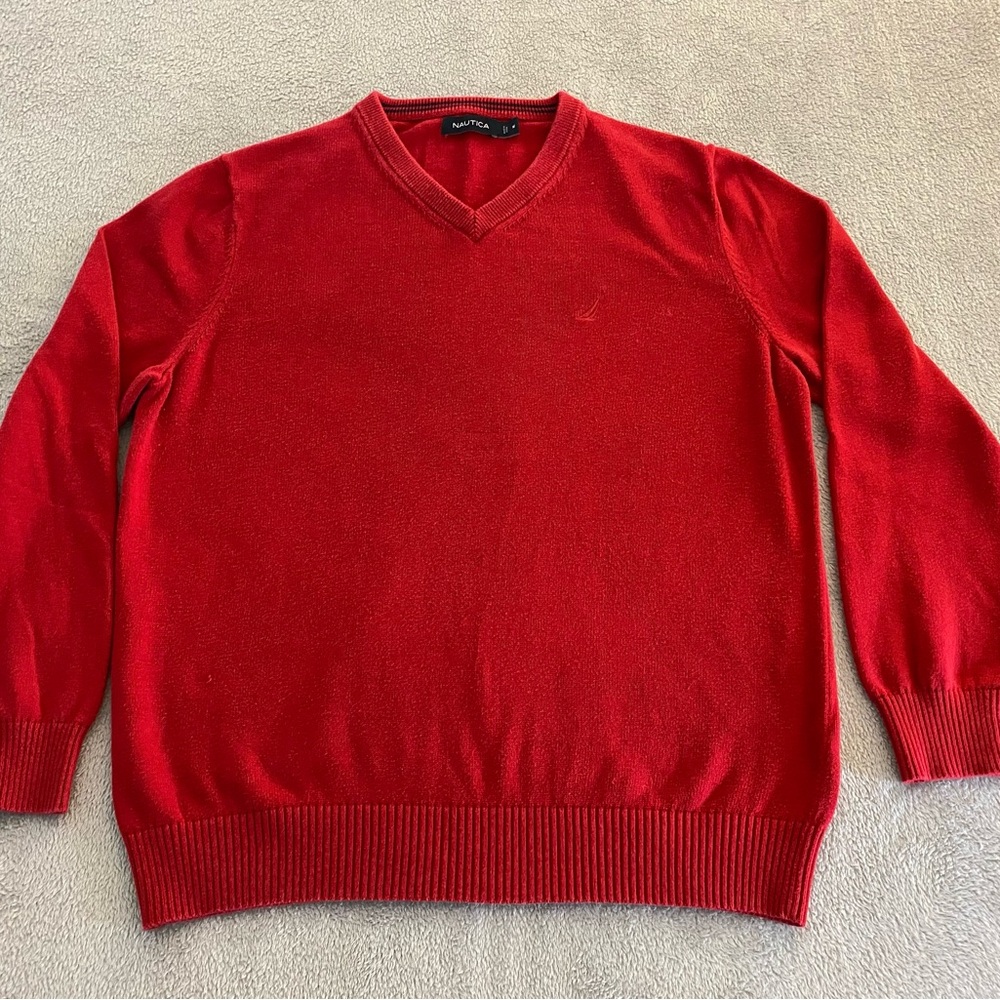 Nautica Red V-Neck Sweater Bold Knit Design